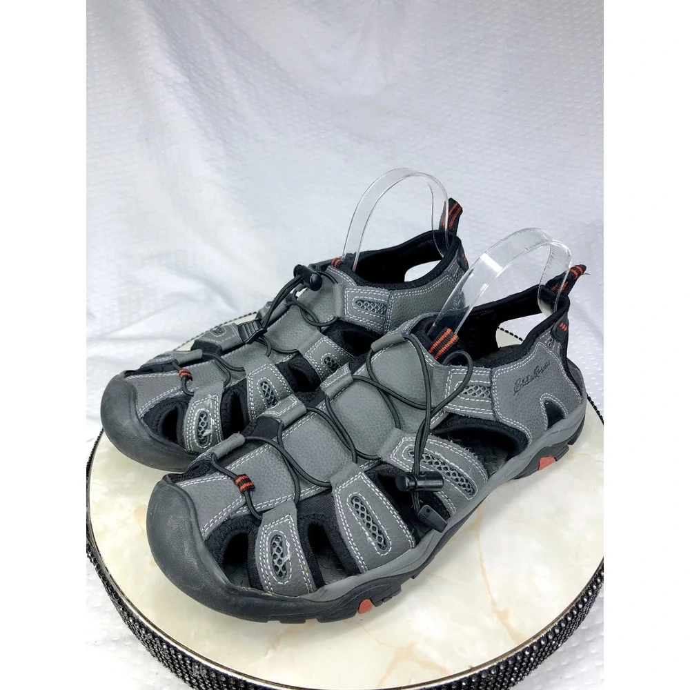 Eddie Bauer Troy Leather Sport Sandals Mens 12 Gray Bungee Hiking Outdoor Shoes